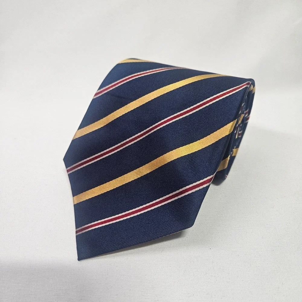 Banana Republic 100% Silk Men Tie Blue Gold Red Stripes 3.75